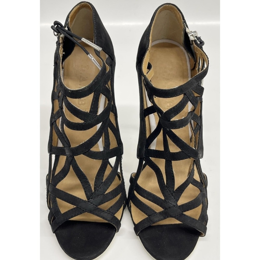 L.A.M.B. Black Suede Cage Stiletto Sandals Shoes Side Zip Heels Women 8M - Picture 4 of 8